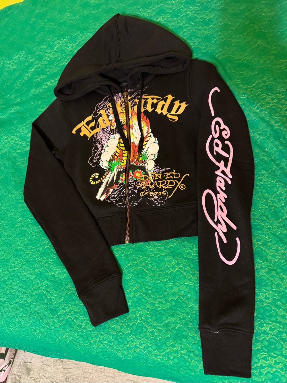 Ed Hardy Black Hoodie with Pink and Multicolor Graphic